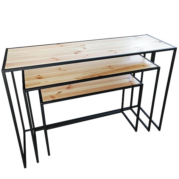 Natural wood coffee table set with black iron frame