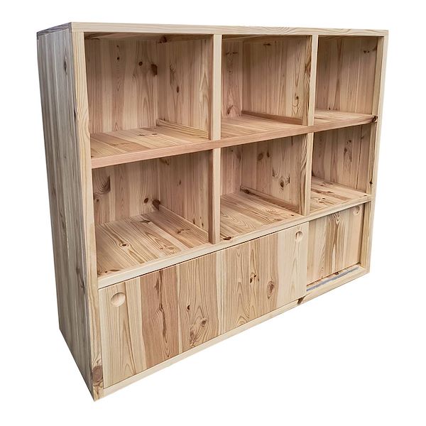 Wooden shelving with boxed shelves