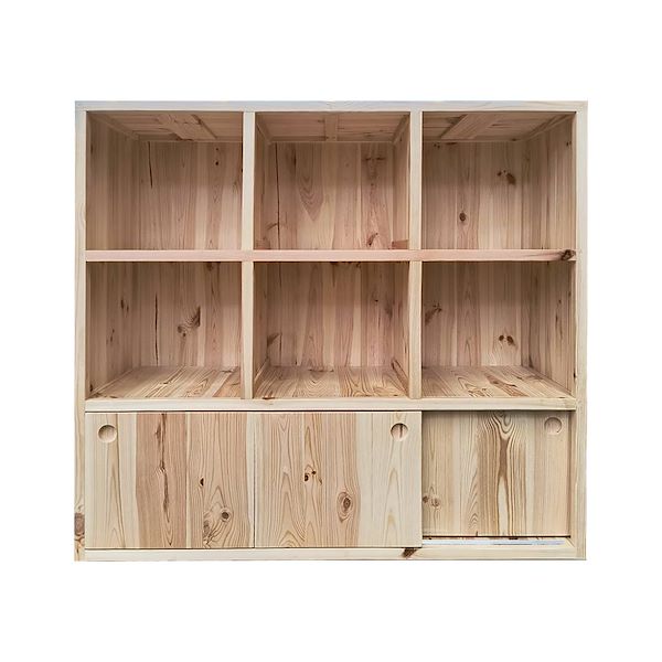 Wooden shelving with boxed shelves